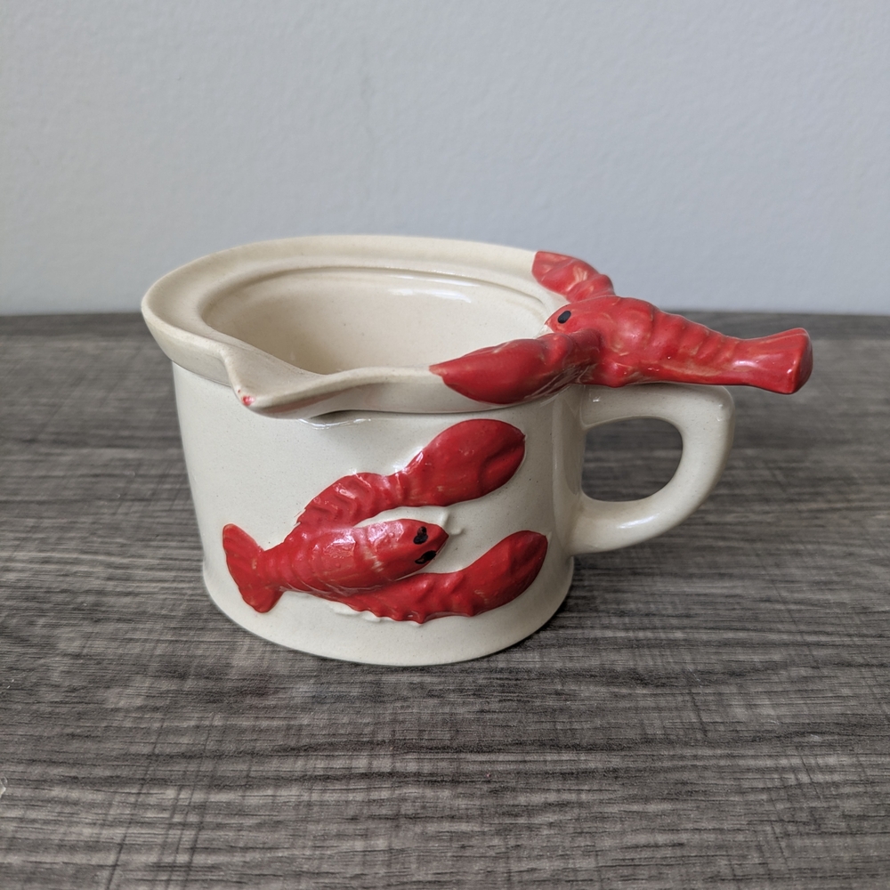 Vintage 2 Piece Ceramic Lobster Butter Warmer Cup & Lid Set Old Retro